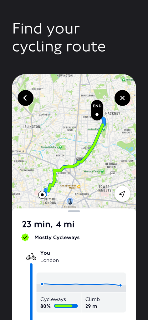 TfL Go: Plan, Pay, Travel - TfL Go app interface displaying a cycling route in London with travel time elevation details and map