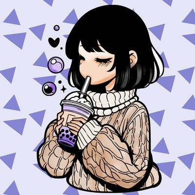 manga girl drinking boba in cozy sweater