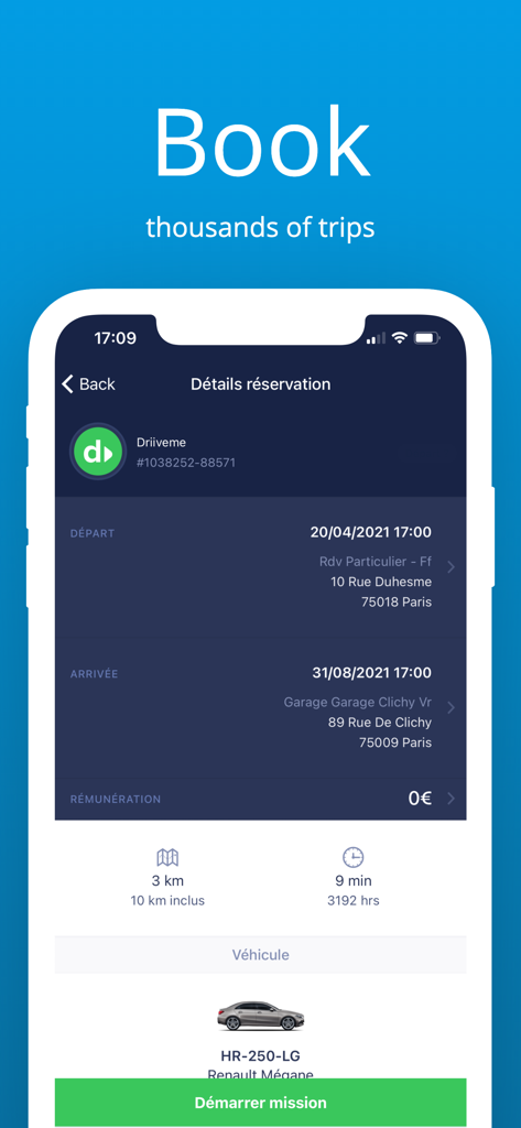 DriiveMe - Interfaccia dell'app mobile DriiveMe che visualizza i dettagli della prenotazione del noleggio auto e le informazioni sul viaggio