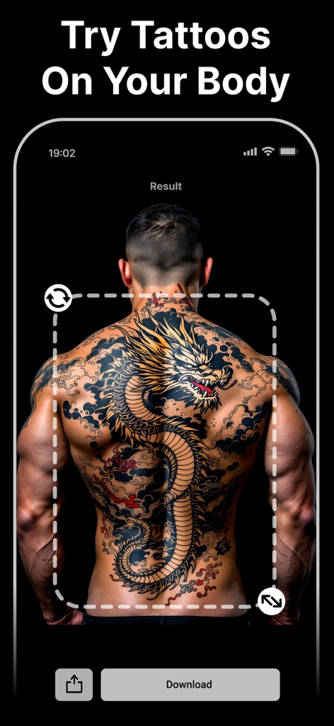 InkFusion: AI Tattoo Generator - A realistic virtual try-on of a large Japanese dragon tattoo on a man's back using the InkFusion app.