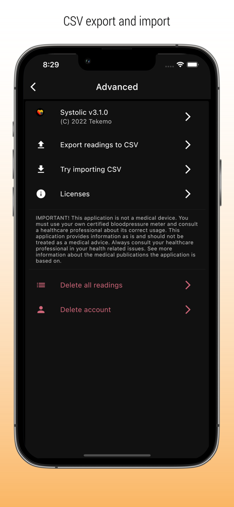 Écran des paramètres avancés de l'application Systolic montrant les options d'exportation et d'importation CSV