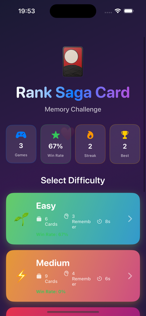 Schermata principale dell'app RankSagaCard che mostra statistiche del gioco di memoria e livelli di difficoltà.
