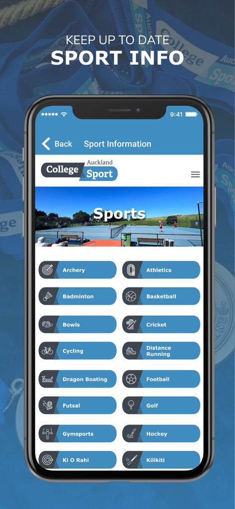 College Sport Auckland - A screen from the College Sport Auckland app showing a categorized list of secondary school sports including athletics basketball and football