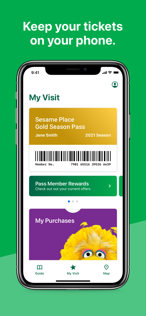 Sesame Place - Pantalla de la aplicación móvil Sesame Place que muestra un Pase de Oro de Temporada digital con código de barras y recompensas para miembros