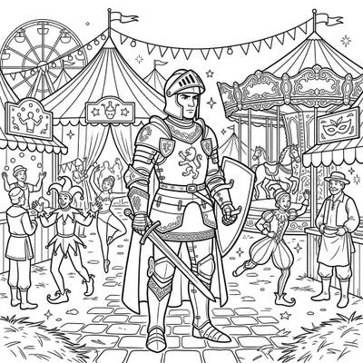 Step into a world where chivalry meets festivity with this unique coloring page, showcasing a brave Feudal Knight exploring a lively Carnival. This detailed scene blends medieval valor with bustling fairground fun, offering an exciting canvas for your creativity.