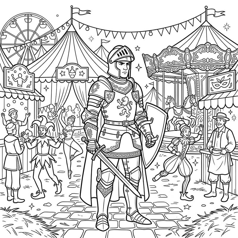 Step into a world where chivalry meets festivity with this unique coloring page, showcasing a brave Feudal Knight exploring a lively Carnival. This detailed scene blends medieval valor with bustling fairground fun, offering an exciting canvas for your creativity.