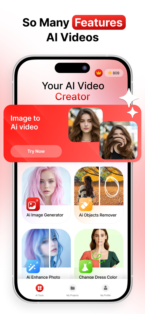 Interfaz de la aplicación Photobooth AI mostrando funciones como generador de video con IA, eliminador de objetos, potenciador de fotos y cambiador de color de vestido.