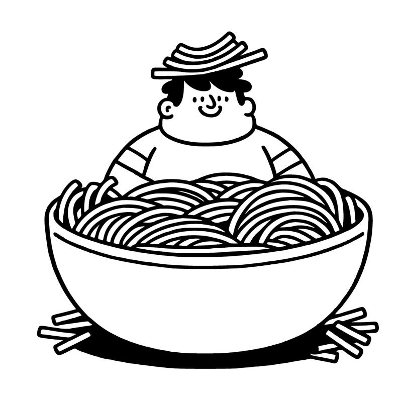 a fat guy sitting in a giant bowl of pasta with noodles on his head