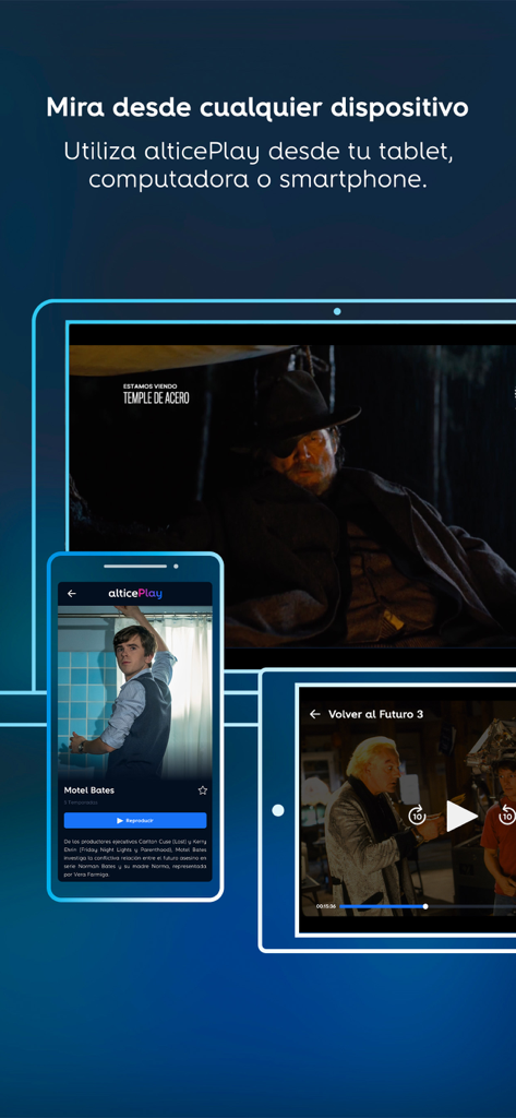 Altice Play App-Oberfläche auf mehreren Geräten, einschließlich Smartphone und Tablet