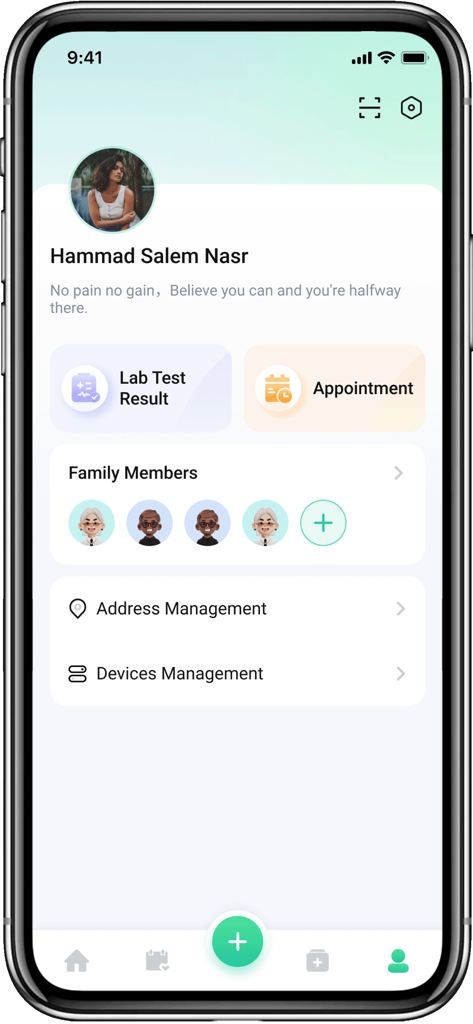 ALHOSN UAE - User profile dashboard of the ALHOSN UAE health app showing lab results and family member management