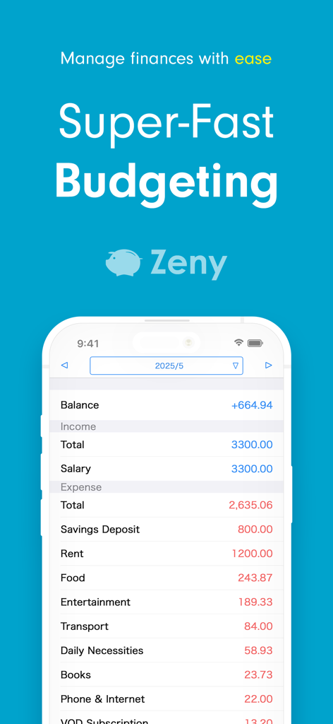Easy Budget Money Tracker Zeny - Interface do aplicativo Zeny mostrando um resumo mensal simples de receitas e despesas para rastreamento financeiro rápido