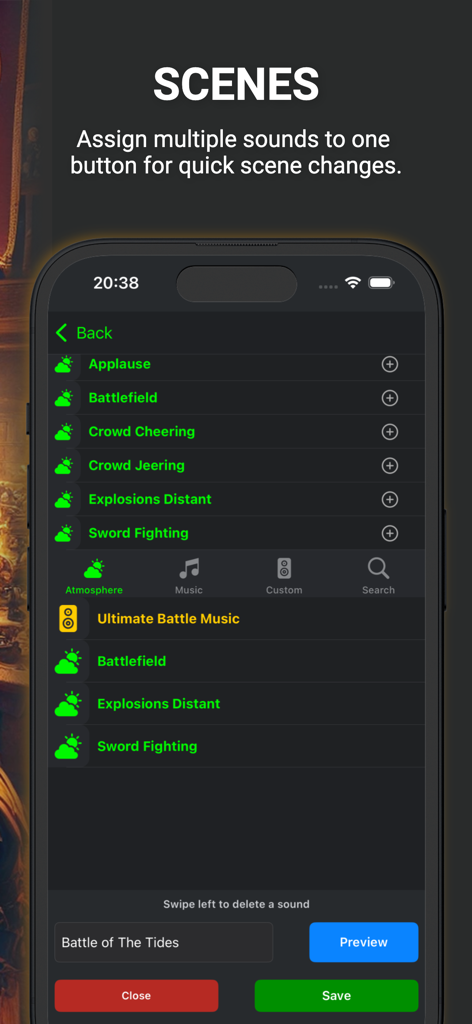 Interface of RPG Sounds Fantasy app showing how to create a custom sound scene for a tabletop game battle.