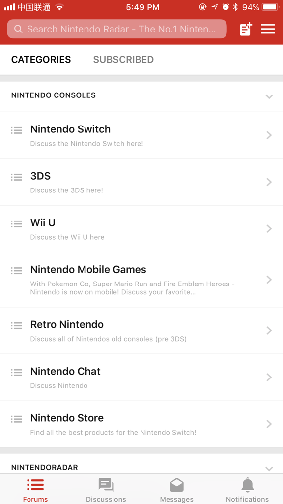 Liste des catégories de discussion pour les consoles Nintendo dans l'application Switch Forum
