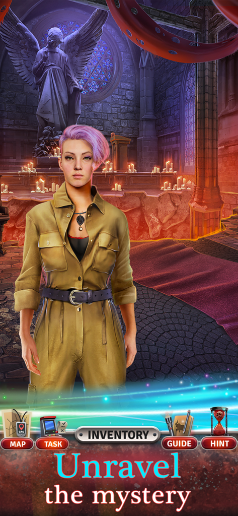 Crossroads 2 Escaping the Dark - A pink haired female character standing in a gothic cathedral with candles and an angel statue in the game Crossroads 2