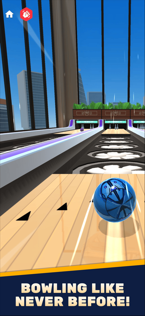 Skyline Bowling - A patterned blue bowling ball rolling down an urban lane with city skyscrapers in the background