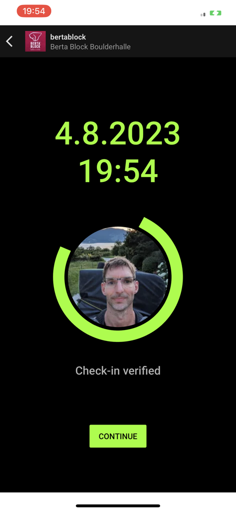 BETA7 - BETA7 app screen displaying a successful gym check-in verification with a user profile picture and timestamp