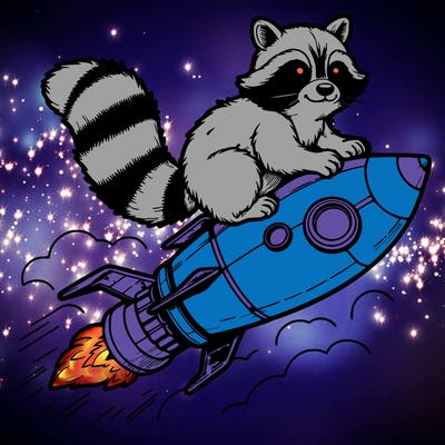 realistic raccoon flying on top rocket ship