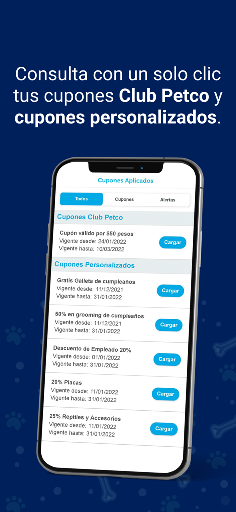 Petco México - Écran de l'application Petco Mexico montrant les coupons Club Petco et les récompenses personnalisées.
