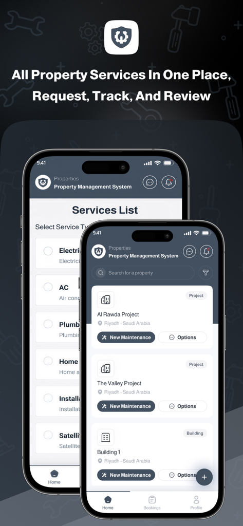 Warranty - وارنتي - Warranty app interface showing property management and maintenance services list