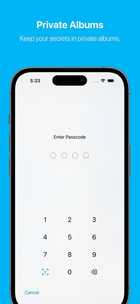 HashPhotos - HashPhotos app private albums screen showing a numeric passcode lock for secure photo storage.