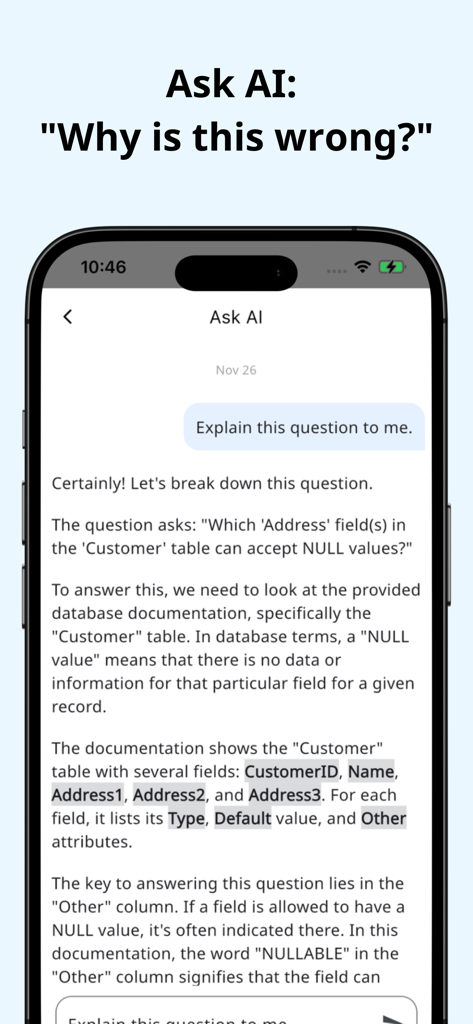 AI Quiz Generator - DeepStudy - Mobile screen showing the DeepStudy Ask AI feature providing a detailed explanation for a study question.