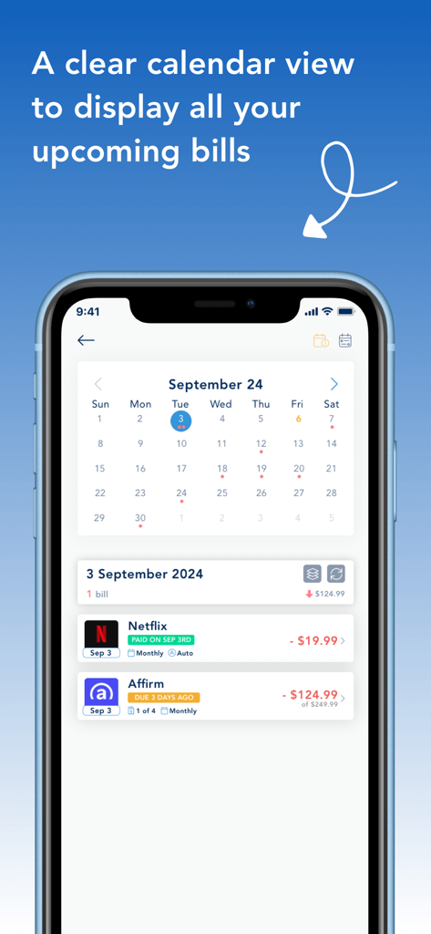 BillOut - Bill Tracker - BillOut bill tracker app interface showing a calendar view for upcoming payments