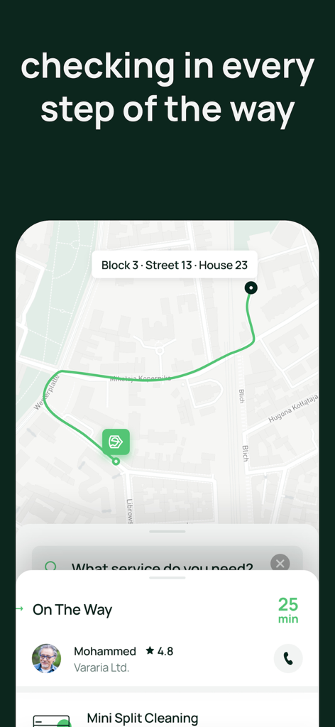 سيرف مي SrvMe - SrvMe app interface for tracking a service provider on a map