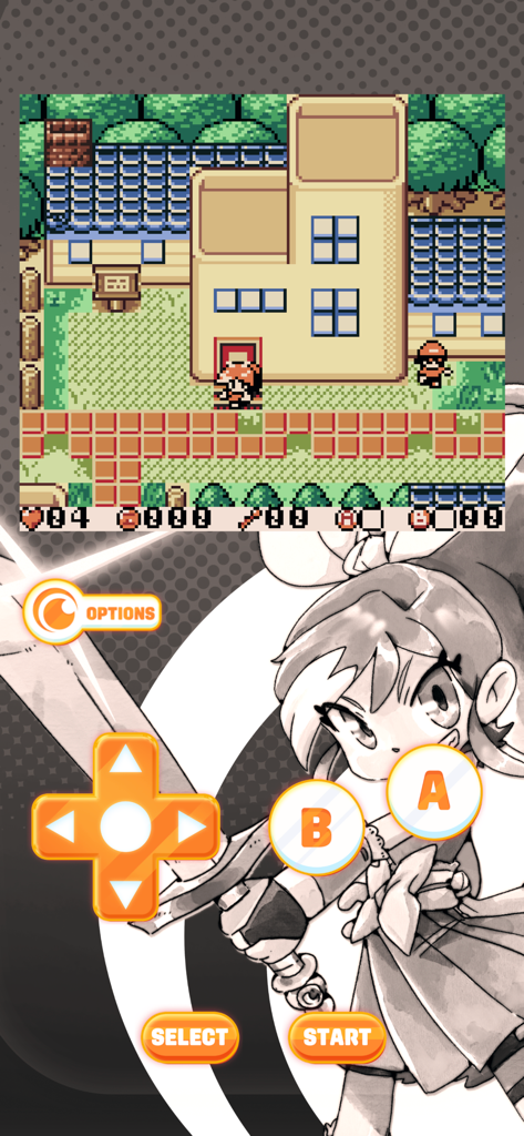 Crunchyroll: Hime’s Quest - レトロなピクセルアートと仮想コントローラーボタンを示すCrunchyroll Hime's Questのモバイルゲームプレイ