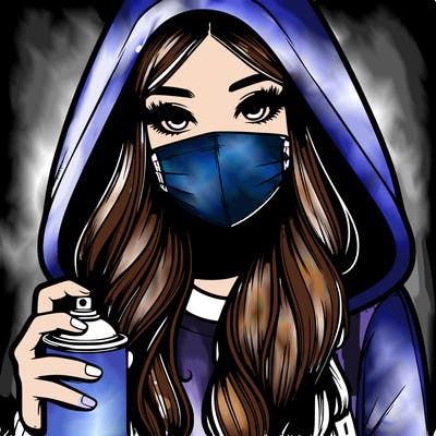 girl wearing a mask with long hair with her hood up spray-painting realistic
