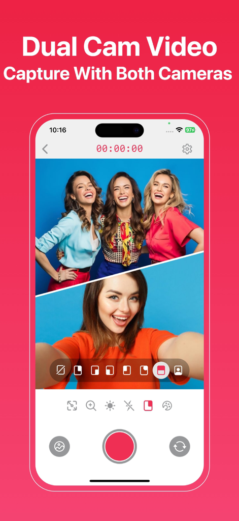 Interface of the Screen Recorder app showing the Dual Cam feature recording with both front and rear cameras in a split-screen view