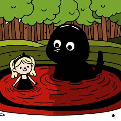 a red dog inside a red lake with a little girl