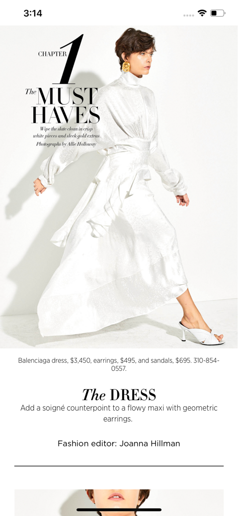 Harpers BAZAAR app editorial page featuring a model in a white designer dress and gold jewelry