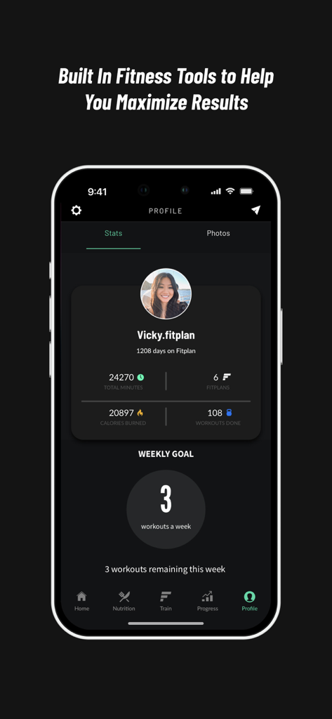 Profilbildschirm der Fitplan-App mit persönlichen Trainingsstatistiken und wöchentlichen Fitnesszielen