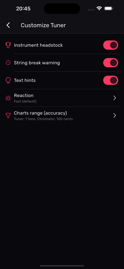 Customize settings screen in the Viola Tuner app with toggles for instrument headstock and string break warning
