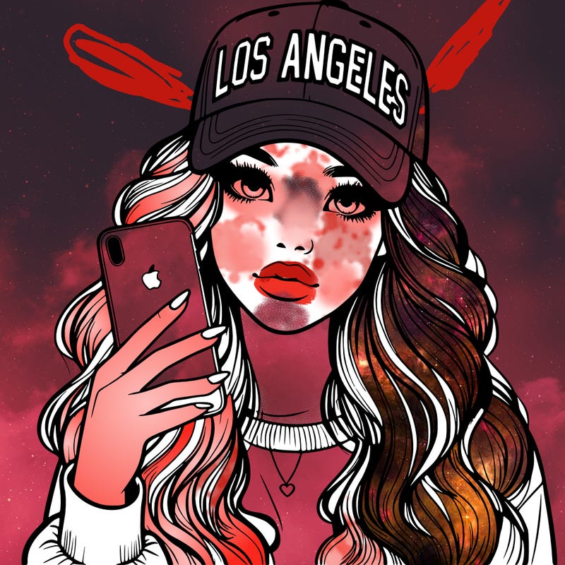 realistic beautiful girl wearing los ángeles cap holding an iphone