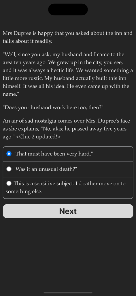 A text-based gameplay screen from Evertree Inn showing a conversation with Mrs. Dupree and three dialogue response options.