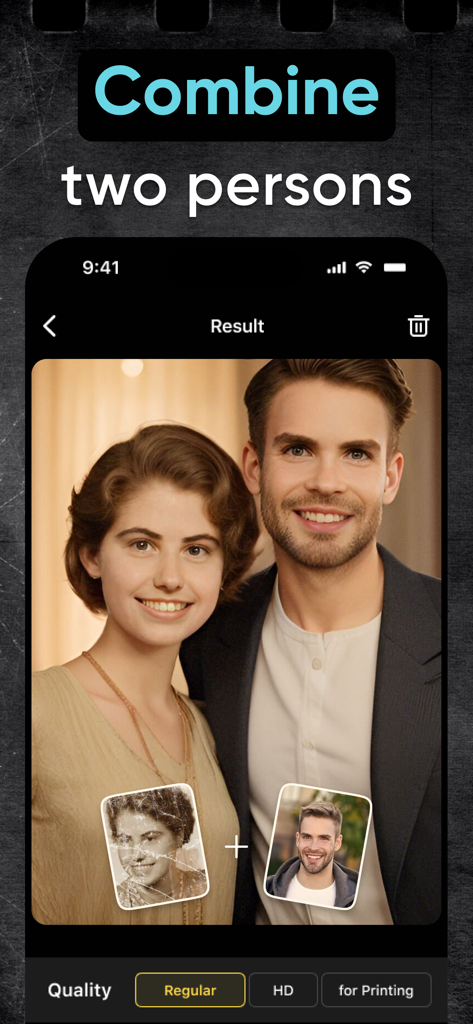 Yore: AI Restore Old Photos - Interface of the Yore app showing the AI feature that combines two separate people from different photos into one restored high-quality portrait