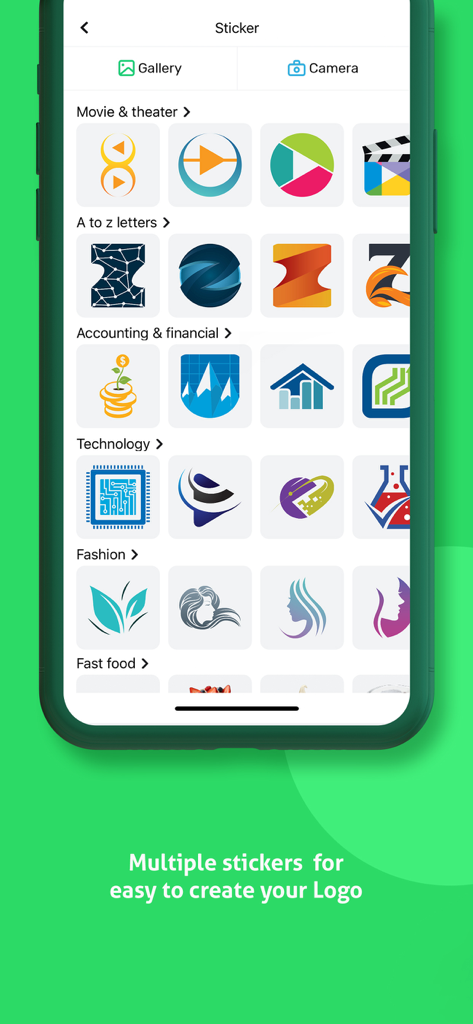 Logo Maker - Logo Creator - Pegatinas y elementos gráficos categorizados para la creación de logos.