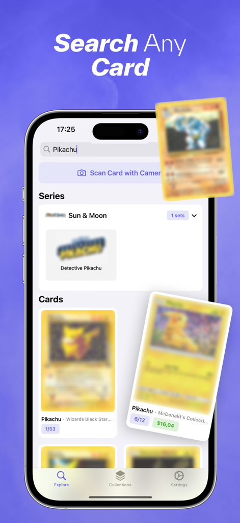 TCG Card Scanner - Interface do aplicativo TCG Card Scanner mostrando resultados de pesquisa para cartas Pokemon Pikachu com preços de mercado e coleções