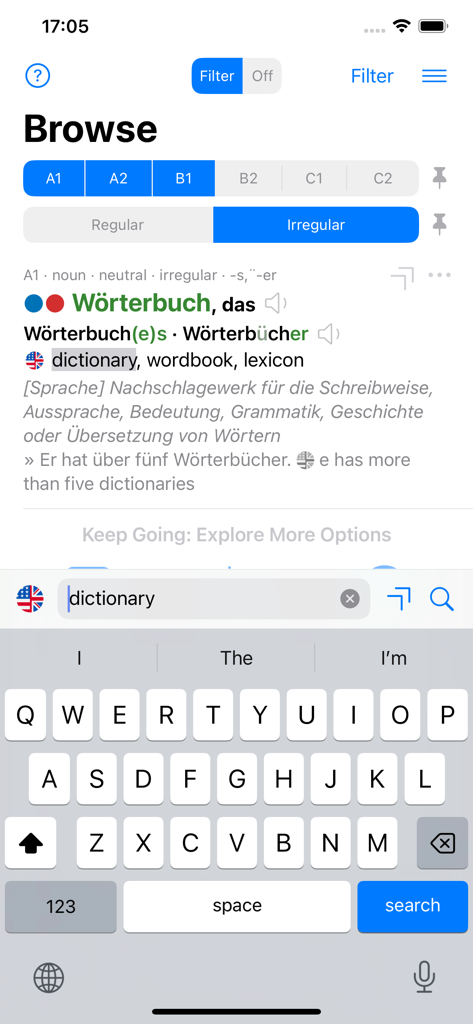 Nouns German Dictionary - German dictionary app interface showing search results for nouns with grammar details