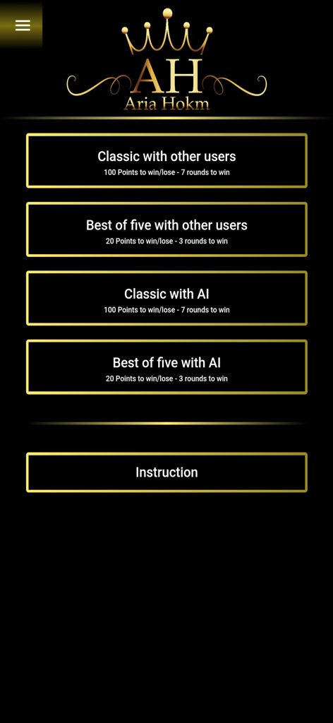 Main menu of the Hokm card game app showing game mode options for playing against other users or AI