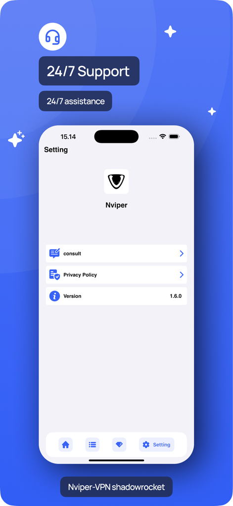 Nviper VPN App-Einstellungen, die 24/7-Support und Kundenberatungsoptionen anzeigen