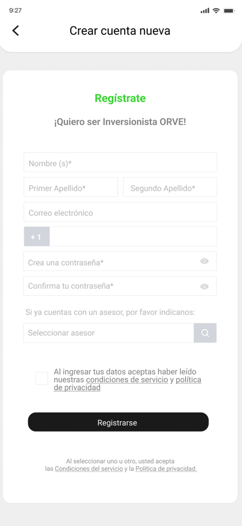 Orve - Pantalla de registro para la aplicación móvil de inversión inmobiliaria Orve