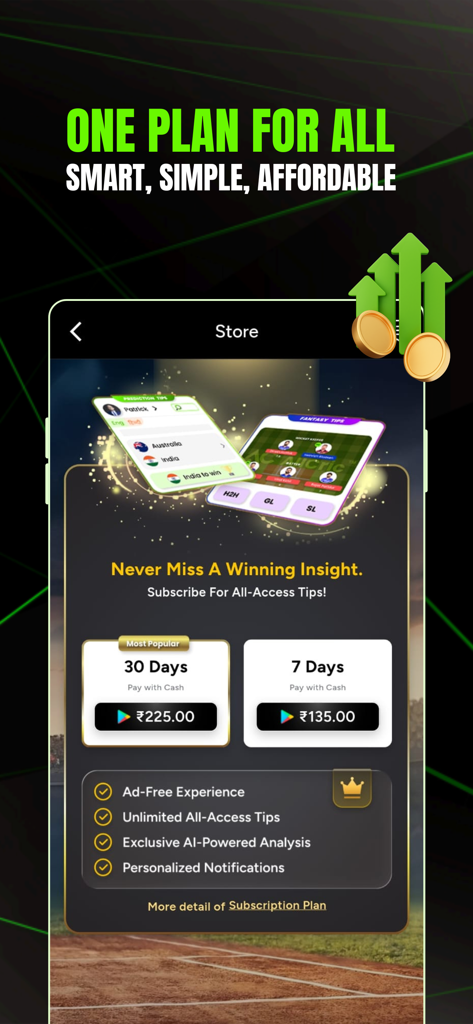 AllCric – Cricket Score App - AllCric app store screen showing 7-day and 30-day affordable subscription plans for AI-powered cricket insights and fantasy tips