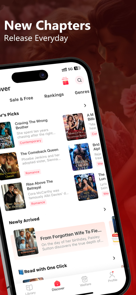 LeReader app interface showing romance and werewolf novels with a banner saying new chapters release everyday.