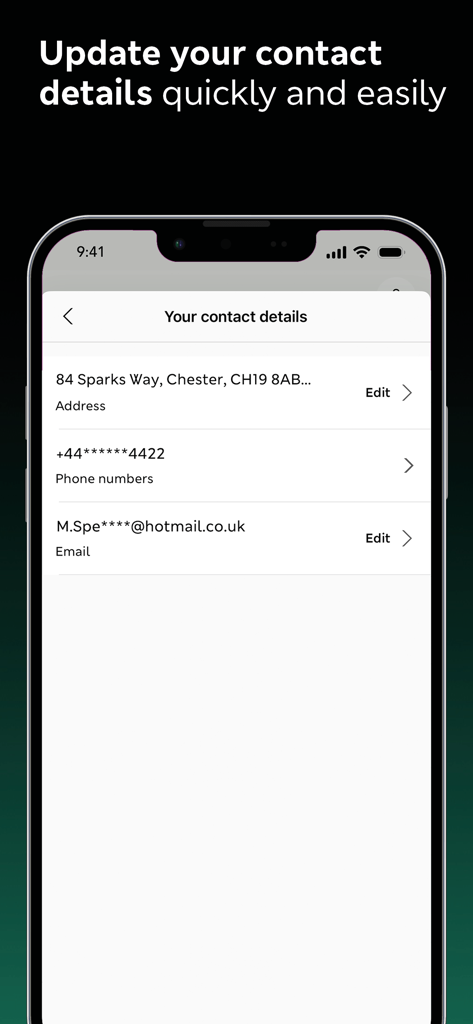 M&S Banking app screen for updating personal contact details including address phone number and email