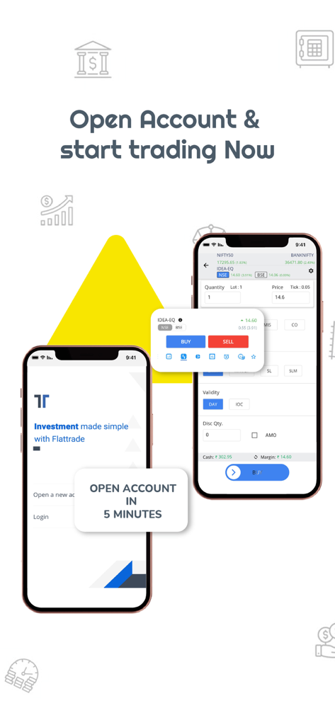Interface de l'application mobile Flattrade montrant l'écran de connexion et le tableau de bord de trading d'actions pour le marché indien.