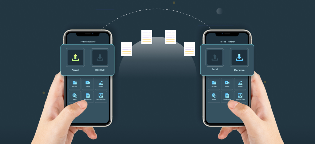 TV File Transfer - Zwei Smartphones übertragen drahtlos digitale Dateien mit der TV Dateiübertragung App