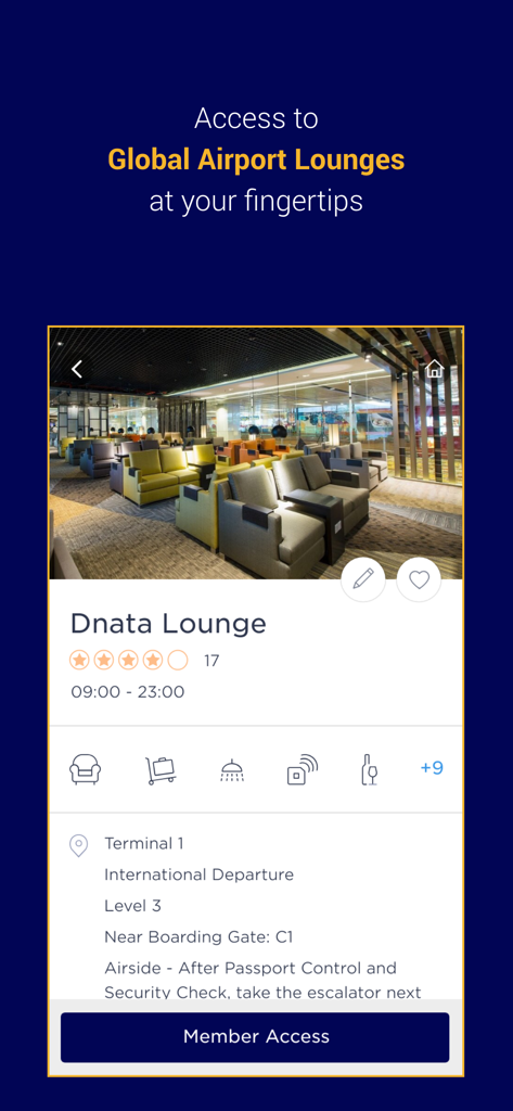 App Visa Dine and Travel che mostra i dettagli della Dnata Lounge, inclusi servizi, posizione e accesso per i membri
