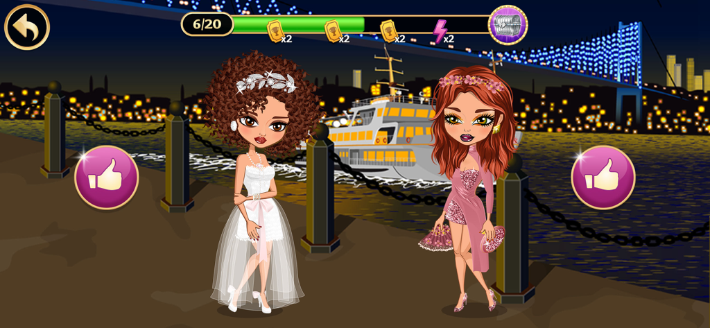 Fashion Cup - Dress up & Duel - Two stylish female avatars competing in a fashion duel at a night waterfront